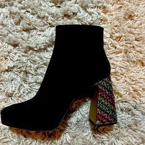 Betsey Johnson Black and Red Ankle Booties with Mosaic Heel